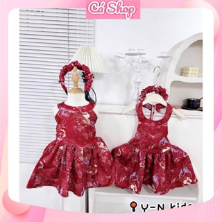 YN04 (Tặng bờm) Váy đầm đỏ hoạ tiết dáng yếm cho bé gái mặc trung thu