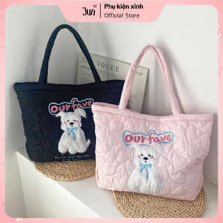 Túi xách túi tote vải chần bông hình chó thêu tay đeo vai nữ phong cách Hàn Quốc đi học đi chơi T21