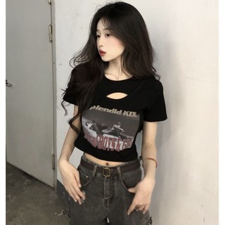 Áo thun ngắn tay rỗng cổ điển mùa hè dành cho nữ Áo ngắn lưng cao