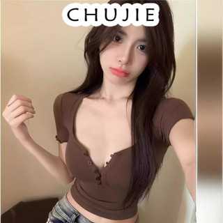 CHUJIE áo phông áo thun nữ croptop baby tee Vintage INS Trendy Dễ thương WTX2450M1Z 28Z240707