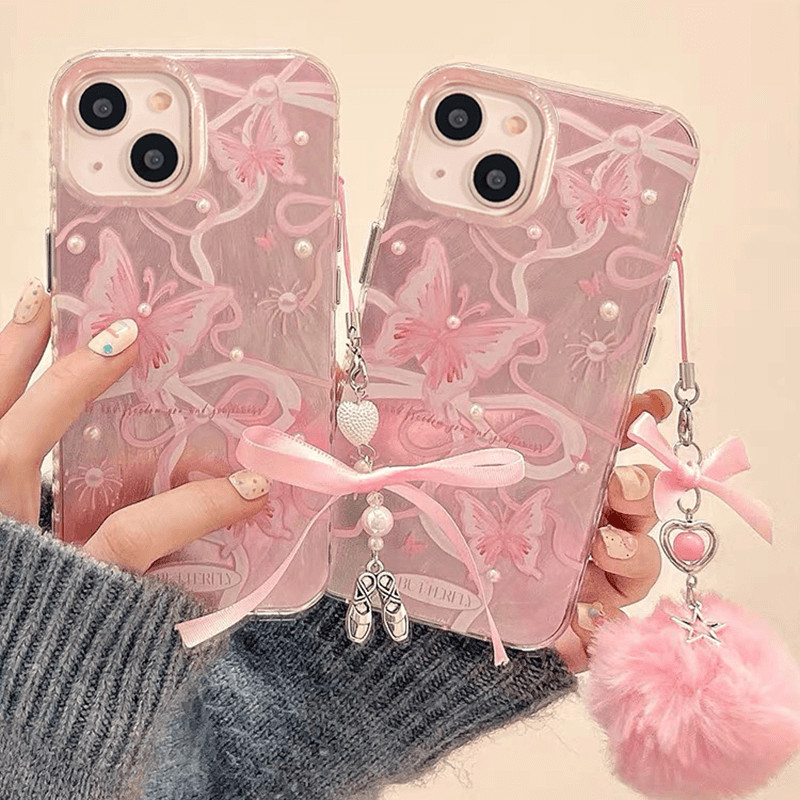 ốp lưng Cute Pink Plush Bow Chain for Samsung Galaxy A16 A06 A55 A25 A35 A73 A52 A52S A54 A34 A32 A2
