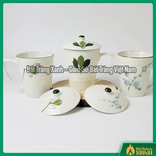 Cốc uống nước, cốc uống trà có nắp, cốc trà hoạ tiết vẽ tay men kem gốm sứ bát tràng cao cấp