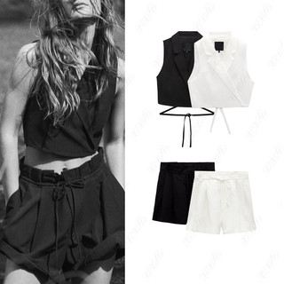 Zara Mùa hè Phong cách mới Bộ đồ vải lanh pha trộn Áo Vest mỏng vừa vặn2010751 Quần Short4661413