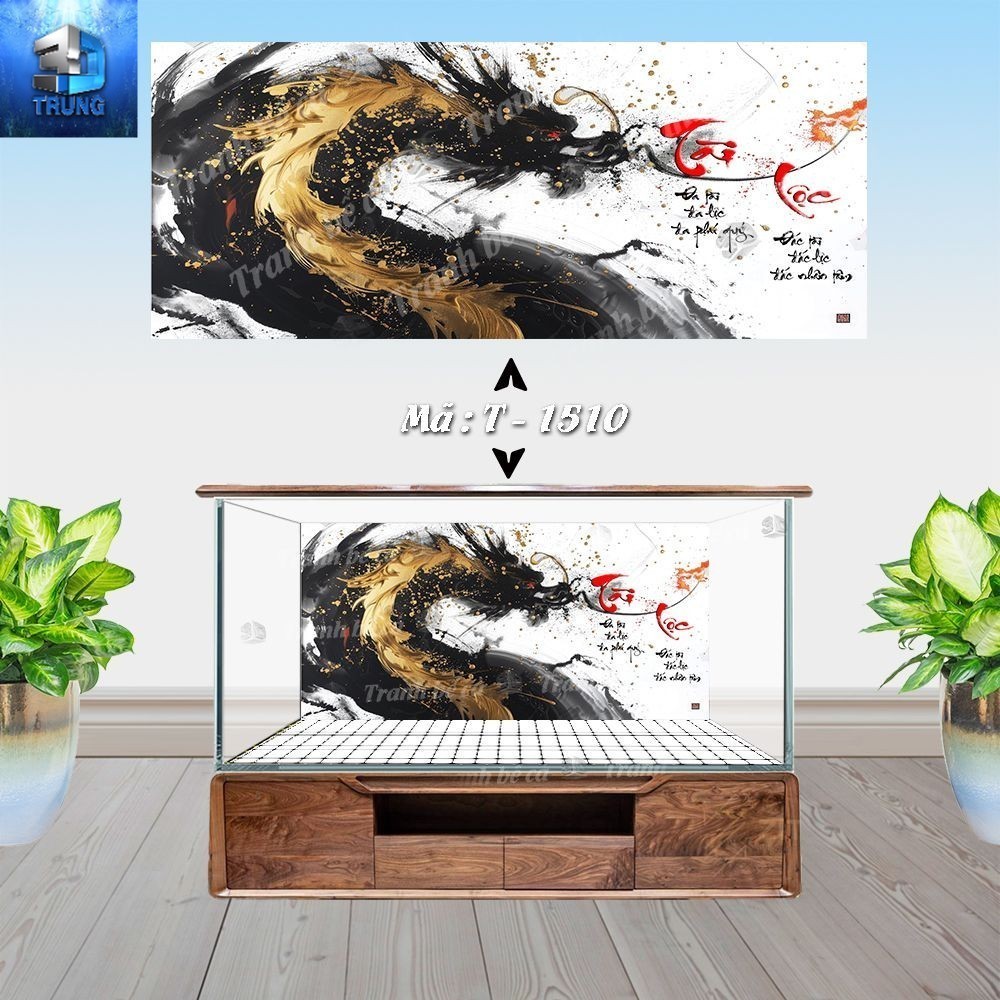 Tranh 3D dán hồ cá mẫu Rồng Đen Tài Lộc Nền Trắng Decal 3 lớp chống bay màu có keo sẵn
