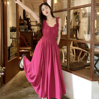 Váy Hai Dây Cổ Chữ V Màu Đỏ Cổ Điển Kiểu Pháp Cỡ Lớn Váy Liền Xòe Rộng Eo Xếp Ly Cho Nữ Váy Dài Ngọt Ngào Siêu Tiên Nữ