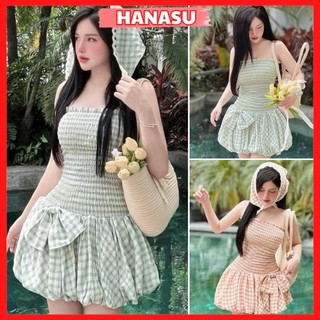 Set váy nữ hoạ tiết caro kèm nơ đính rời xinh xắn váy bo chun dáng bí phồng siêu xinh chất thô mềm kèm khăn B700- HANASU