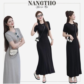  205 Đầm Tay Ngắn Thun Gân Trung Co Giãn Dáng Xoè Dài 