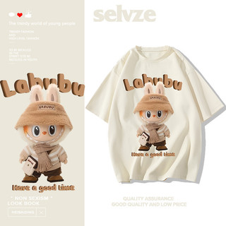 SELVZE Áo thun Cotton ngắn tay nguyên chất Oversize Phim hoạt hình Labububupu In dáng rộng Áo thường ngày