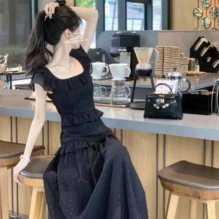 Váy liền tay bay màu đen phong cách Hepburn kiểu Pháp, váy dài viền bèo không quy tắc ôm dáng tôn dáng mùa hè cho nữ