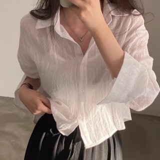 Mùa hè Đơn Giản Màu Trơn Đơn Lông Ve Áo Xếp Ly Dài Tay Áo Sơ Mi Rời Ngắn Chống Nắng Áo Sơ Mi
