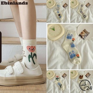 Tất Cotton nữ EBINLANDS, Tất thường ngày họa tiết Graffiti hoạt hình thoải mái, Tất ống giữa dễ thương thoáng khí thời trang