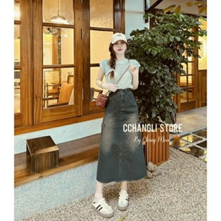 [Hàng Sẵn] Chân váy jean nữ dáng dài xẻ sau màu rêu túi hộp mẫu mới 2024( Cv túi sườn)