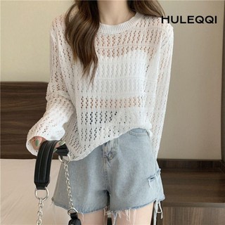 HULEQQI Áo kiểu dệt kim rỗng thời trang nữ