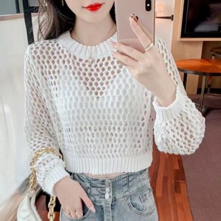 [Linin] Hàng dệt kim Hàn Quốc Áo len rỗng xuyên thấu kim cương Kiểm tra phong cách mỏng Mặt trời dài tay