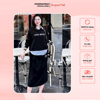 Set đồ nữ áo sweater thêu chữ Miu Miu phối cổ sơ mi mix chân váy dáng dài siêu basic Hong Mai Tran ST15607