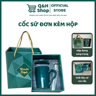 Ly Sứ Màu Xanh 450ml Có Nắp Đậy Kèm Giỏ Làm Quà Tặng Sang Trọng - QH SHop