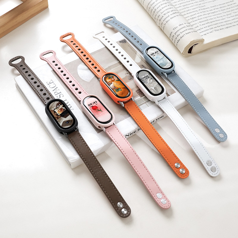 Dây da + Vỏ cho Xiaomi Mi Band 9 8 Vòng đeo tay Dây đeo đồng hồ đeo tay cho Mi Band 9 Mi Band 8 Phụ 