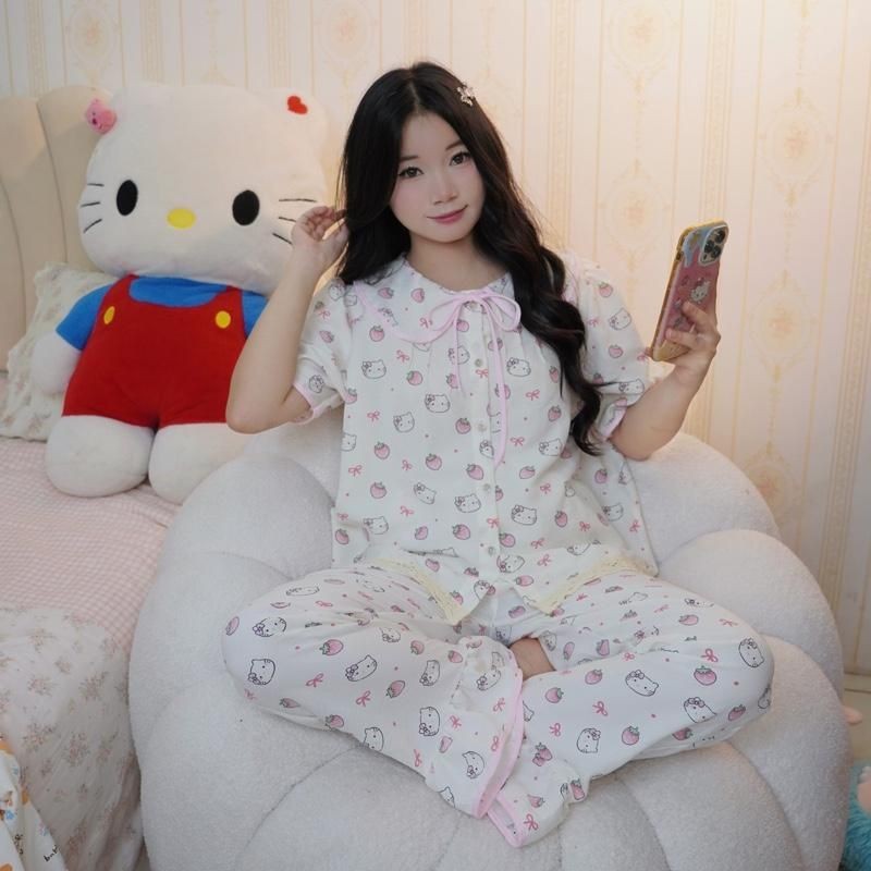 bộ ngủ nữ tiểu thư cổ sen cộc dài vải đũi bông mây mùa hè mặc đi ngủ mát mẻ thoải mái Women Quần Ngủ Áo Ngủ Cotton | BigBuy360 - bigbuy360.vn