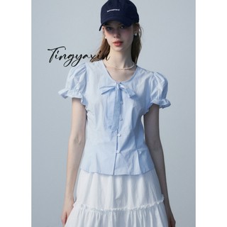 Tingyaxiu Áo sơ mi nữ tay ngắn kiểu Pháp nơ ngọt ngào tay bong bóng áo sơ mi cổ chữ V hàng đầu