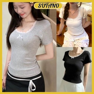  áo thun baby tee nữ form fit basic phối viền ren nơ nữ tính chất thun tăm co giãn A308 SUTANO 