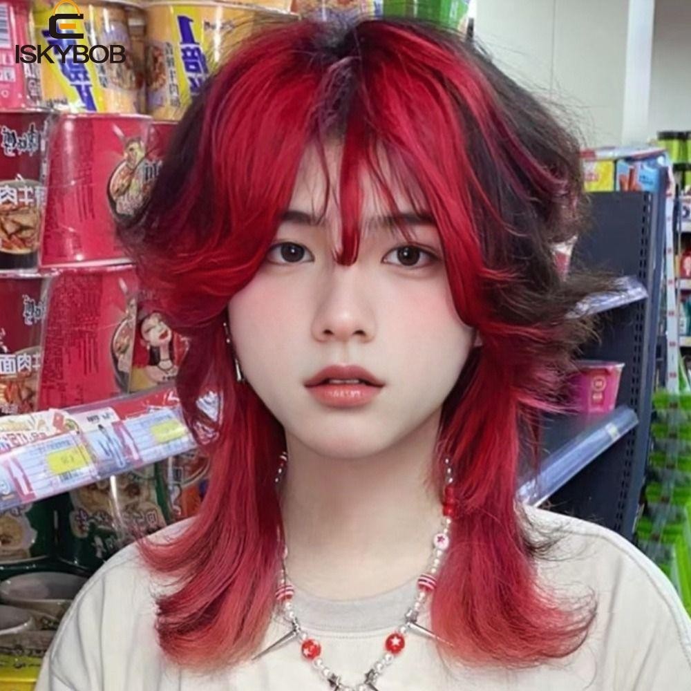 Fujiou Tóc Giả Cosplay Dài, Tóc Giả Đầu Mullet Tổng Hợp Chịu Nhiệt Có Nổ, Đuôi Sói Xoăn Lớp Nổi Bật Đỏ Anime Nam Tóc Giả Đảng
