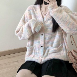 Áo len dệt kim sọc cầu vồng dành cho nữ Áo Cardigan mùa thu đông rộng rãi