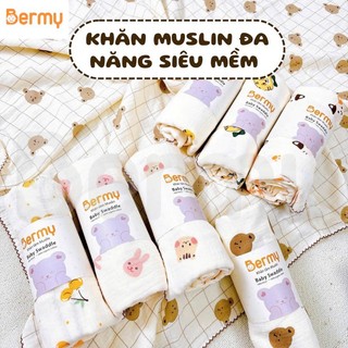 Khăn tắm Muslin Bermy sợi tre mềm mại thấm hút tốt có thể làm chăn cho bé sơ sinh size kt100x110cm