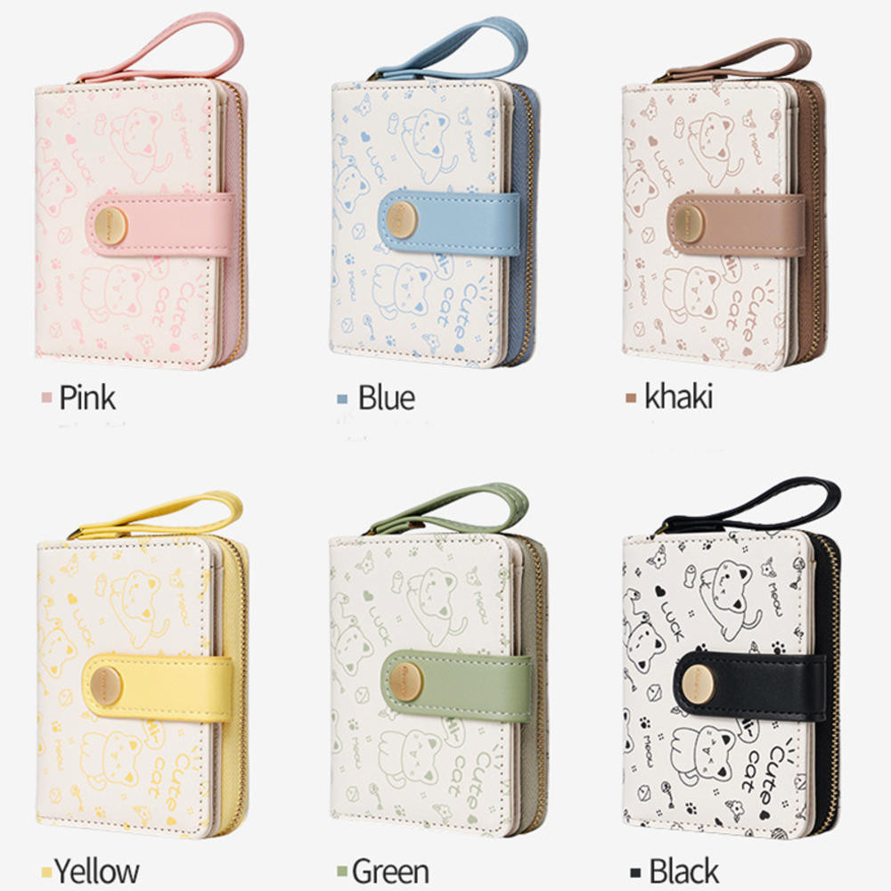 Kawaii In Ví Mèo Có Dây Kéo, Ví Da PU Đựng Thẻ Tín Dụng Ví Đựng Tiền Xu Có Cửa Sổ ID Dành Cho Nữ