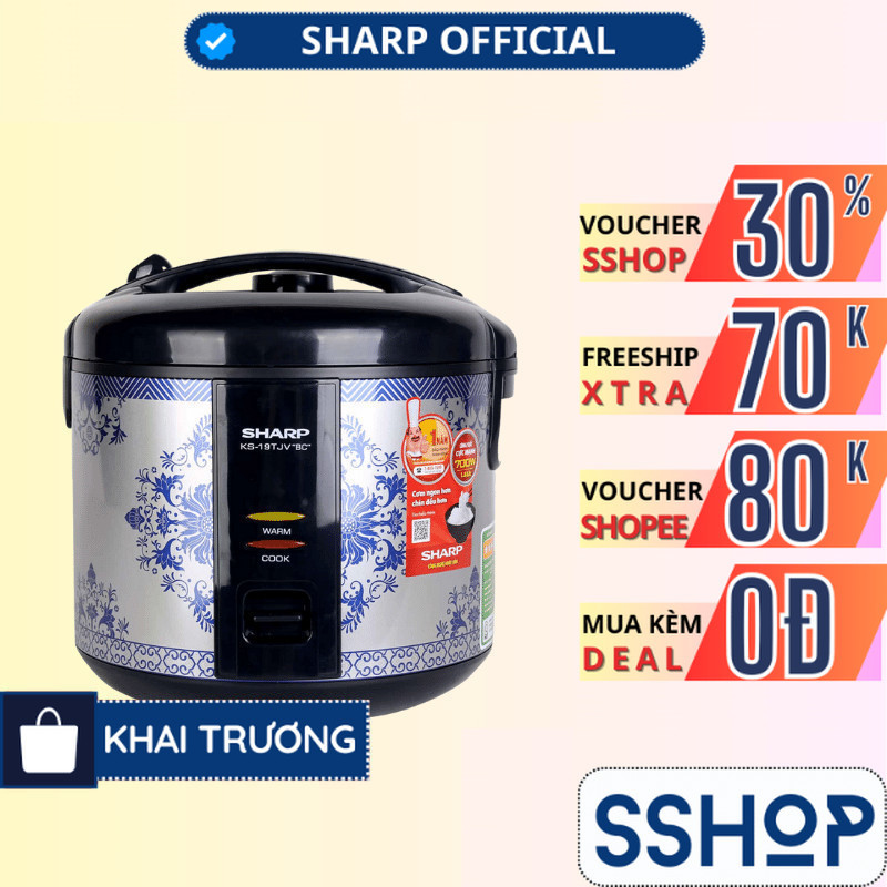 Nồi cơm điện nắp gài Sharp Chính hãng kèm xửng hấp chống dính, 700W nấu chín nhanh KS-19TJV "BC" - SSHOP MALL