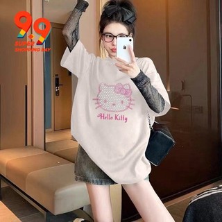 Lưới Giả Hai Mảnh Áo Thun Dài Tay Nữ Công Nghiệp Nặng Thiên Niên Kỷ Niche HelloKitty Mèo Kim Cương Nóng Xuân Hè Lo
