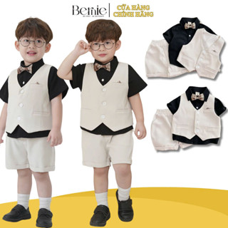 Set bộ vest gile công tử bé trai áo sơ mi tay ngắn màu đen phối gile kèm nơ 1 đến 7T BERNIE 0724B26