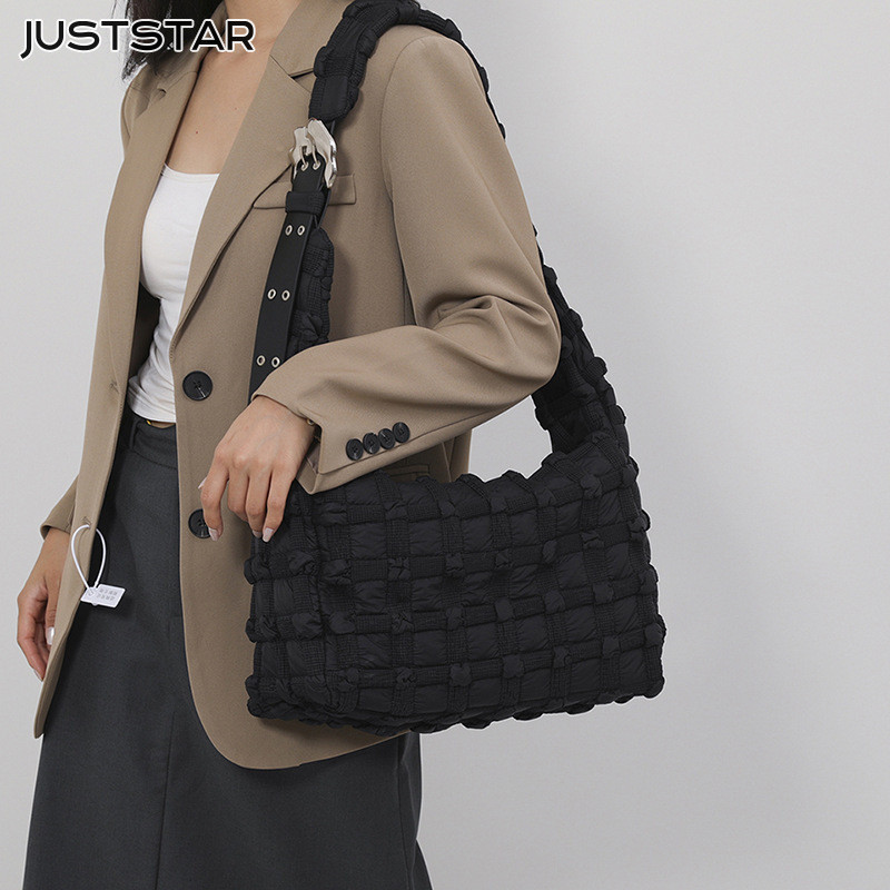 Juststar Túi mây kẻ sọc mới Túi đeo chéo xếp li nhiều lớp