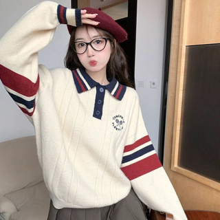  2025 Xuân Thu Dài Tay Phong Cách Đại Học Polo Cổ Áo Len Dệt Kim Cổ Retro Rời Đa Năng Cho Nữ 