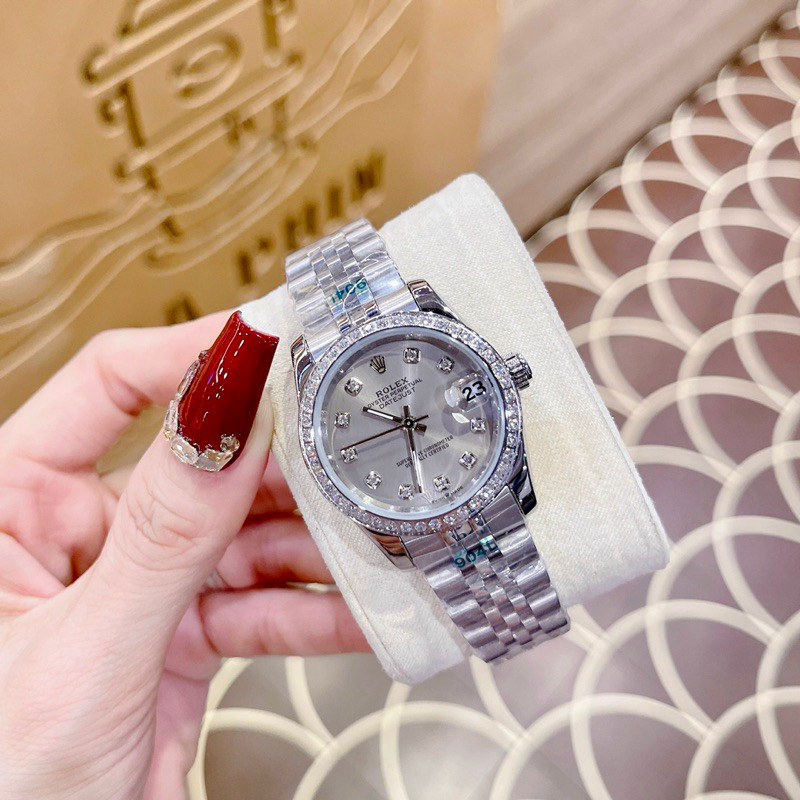 Đồng Hồ Rolexx Nữ Máy Quartz (Pin) Kính Sapphiare Mặt Tròn Siz 31mm Dây Kim Loại Mặt Xám Ghi Niềng Đ
