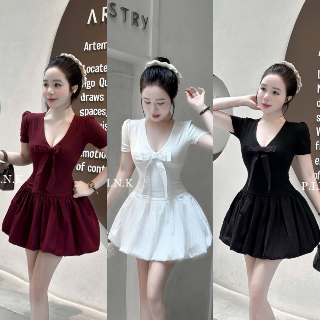 Đầm  đính nơ cộc tay dáng ngắn BYJOLIE BIBI