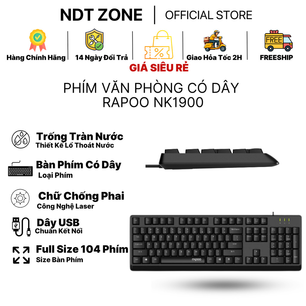 Bàn Phím Văn Phòng Có Dây Rapoo NK1900 Full 104 Phím Công Nghệ Laser Chống Phai Phím Dây Kết Nối USB