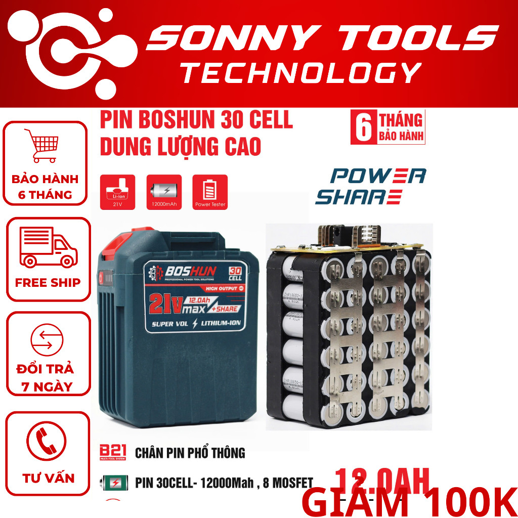 Pin 30 Cell Chính Hãng Boshun Dung Lượng Cao Mạch 8 mosfet - chân pin phổ thông makita - có đèn báo 