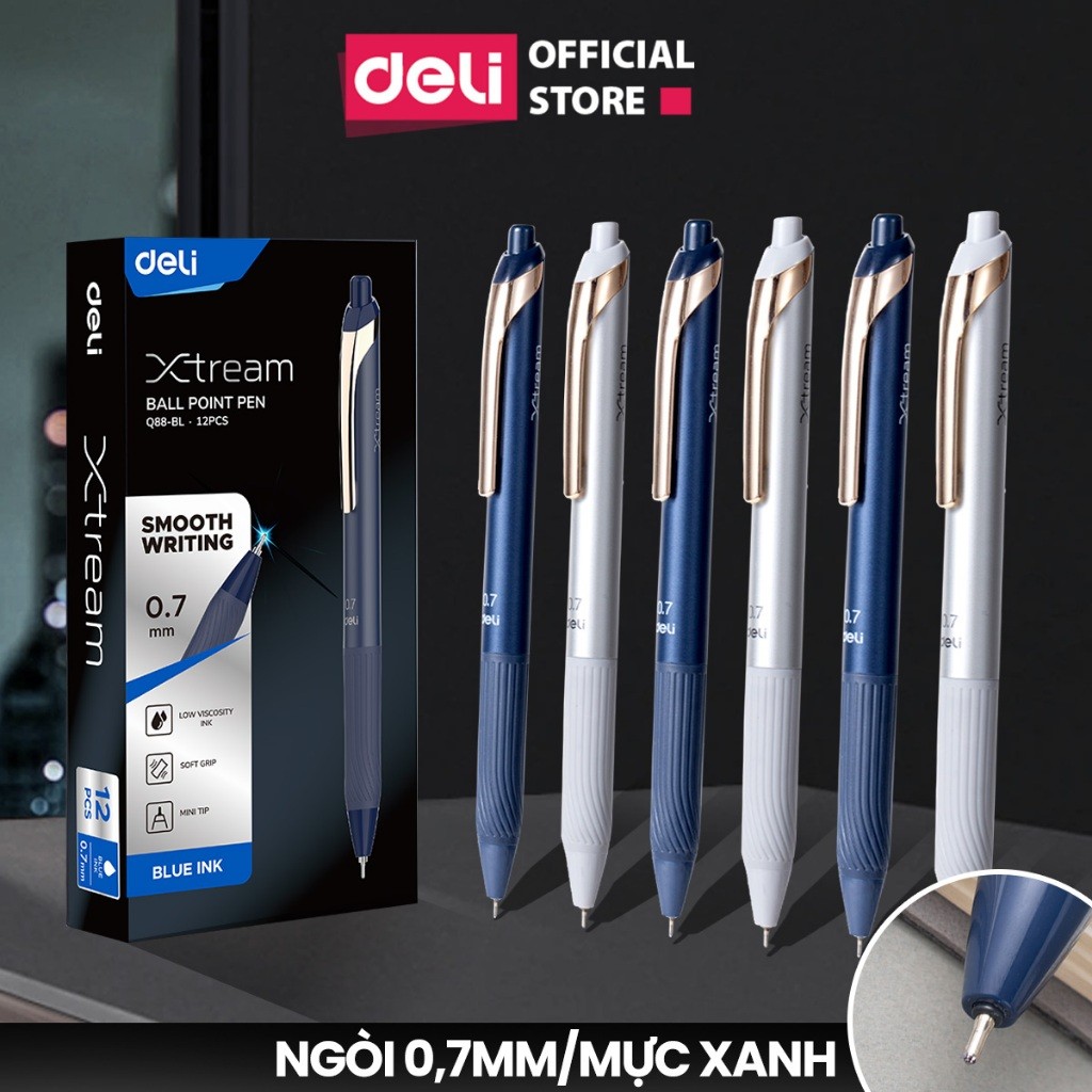 Bút Bi Dầu Dạng Bấm Deli Bút Bi Văn Phòng Mực Xanh Ngòi 0.7mm Thiết Kế Sang Trọng Nét Viết Mượt Trơn Tru Tay Cầm Mềm Mại