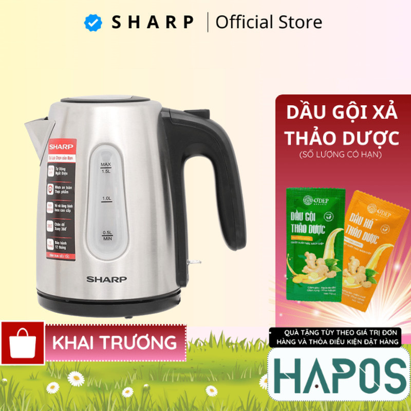 Bình siêu tốc Sharp 1,5 Lít Chính hãng, công suất cao đun sôi nhanh EKJ-15EVS-ST - Thương hiệu Nhật 