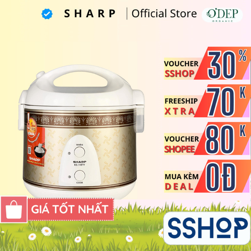 Nồi cơm điện nắp gài mini 1 Lít Sharp Chính hãng, Sản xuất Thái Lan, lòng nồi chống dính KS-11ETV - 