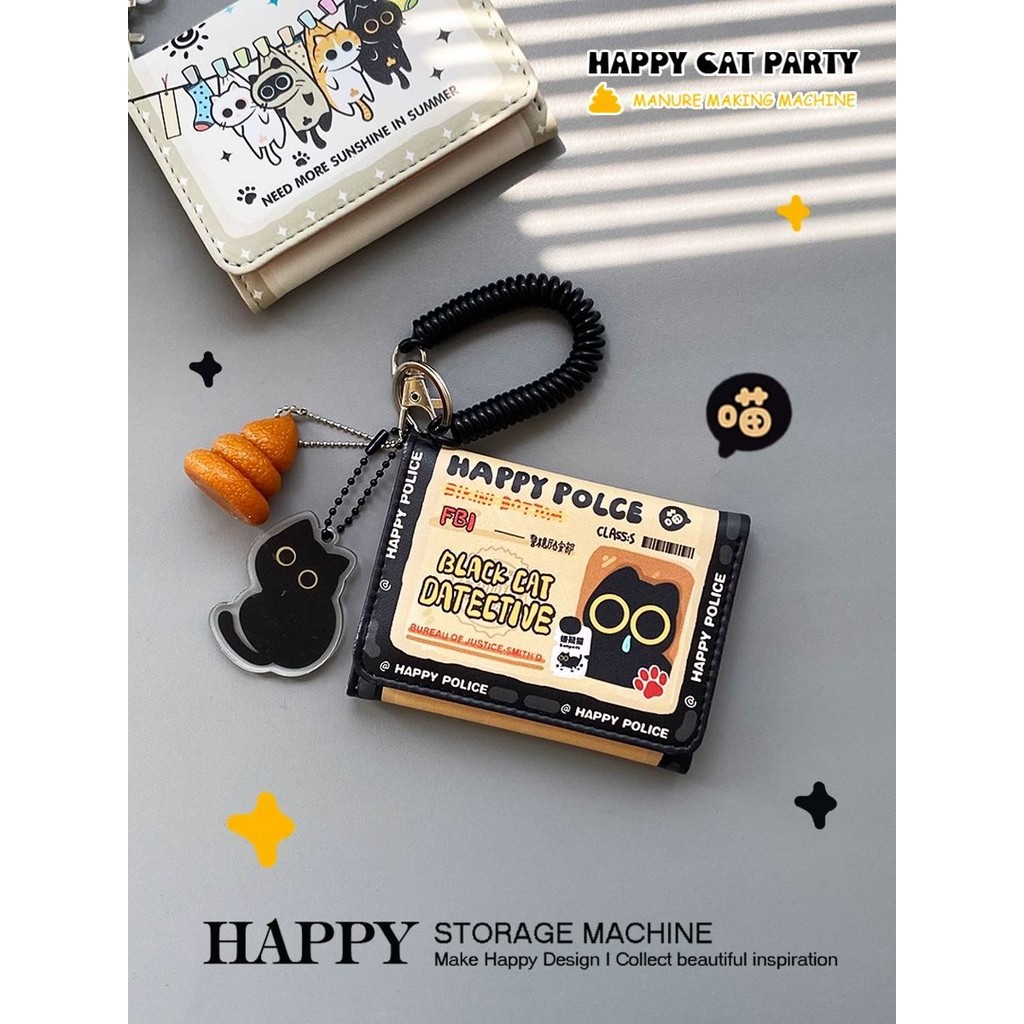 Ví da mèo đen FBI da mới vui vẻ Ví da ngắn in hoa Ví đựng thẻ học sinh phong cách Hàn Quốc Ví đựng thẻ học sinh Ví đựng thẻ trường dễ thương