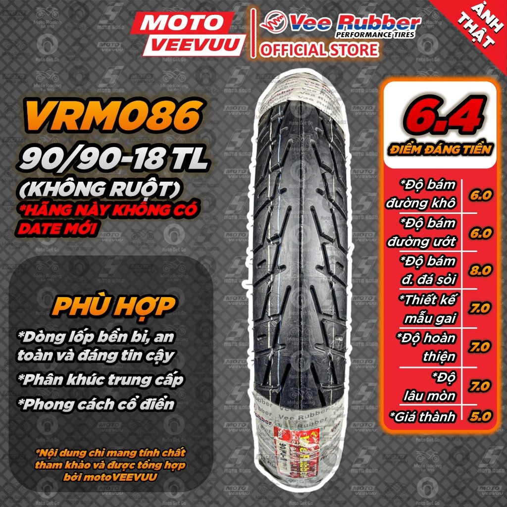 [MTVV] Lốp vỏ xe máy VEE RUBBER 90/90-18 TL VRM086 (Lốp không ruột VeeRubber)<END>