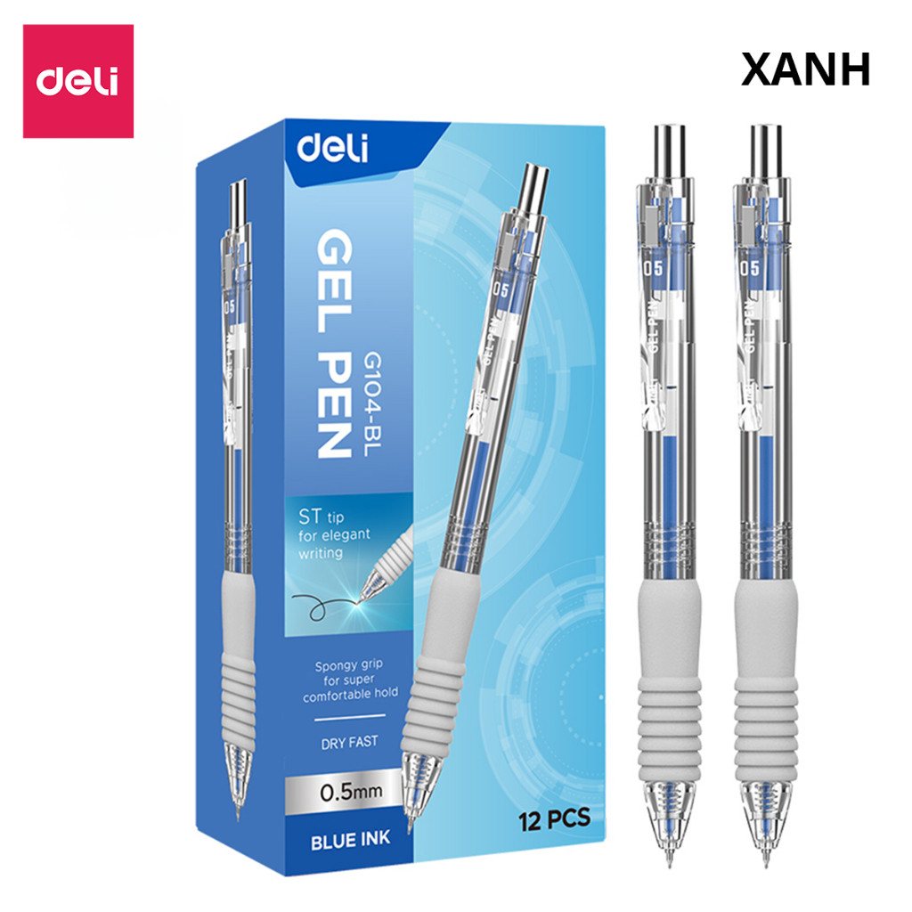 Bút Gel Đệm Xốp Deli Ngòi ST 0.5mm Bi Nước Mực Xanh/Đen/Đỏ Viết Trơn Cho Học Sinh Sinh Viên Văn Phòn