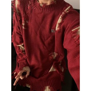 Mùa Thu Phố Lười Phong Cách Không Đều Rách Cổ Tròn Nam Nữ Rời Cặp Đôi Áo Len Dệt Kim