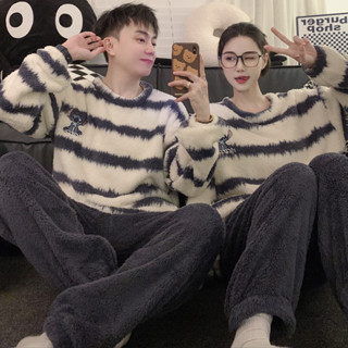 Cặp Đôi Bộ Đồ Ngủ Nam Nữ Flannelette Bộ Đồ Ngủ Mùa Đông Dài Tay Đồ Ngủ Người Phụ Nữ Người Đàn Ông Rời Sọc Mặc Ở Nhà