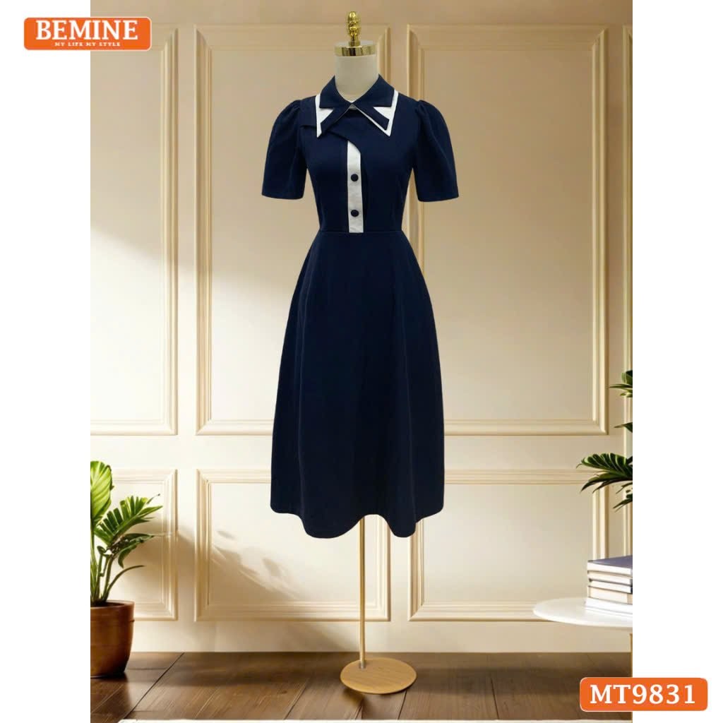 Đầm thiết kế BEMINE cổ đức cách điệu phối viền dáng A phù hợp đi làm, đi dạo phố-MT9831