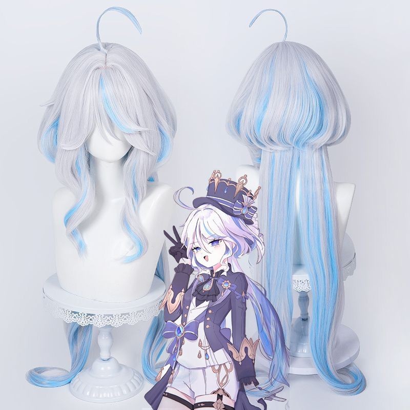 Game Genshin Impact Furina Cosplay Wig 100cm Long Silver White Blue Mixed Color Wigs Heat Resistant 