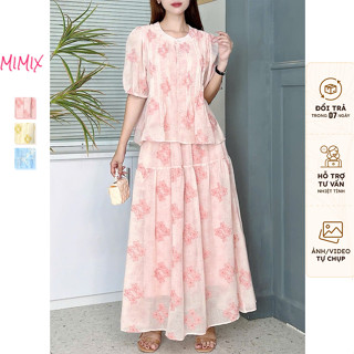Set Baby Doll MIMIX Áo Kiểu Nữ Tay Ngắn Phối Xếp Ly Kèm Chân Váy Dáng Dài Xòe Thêu Hoa 3 Màu Ngọt Ngào EV7305