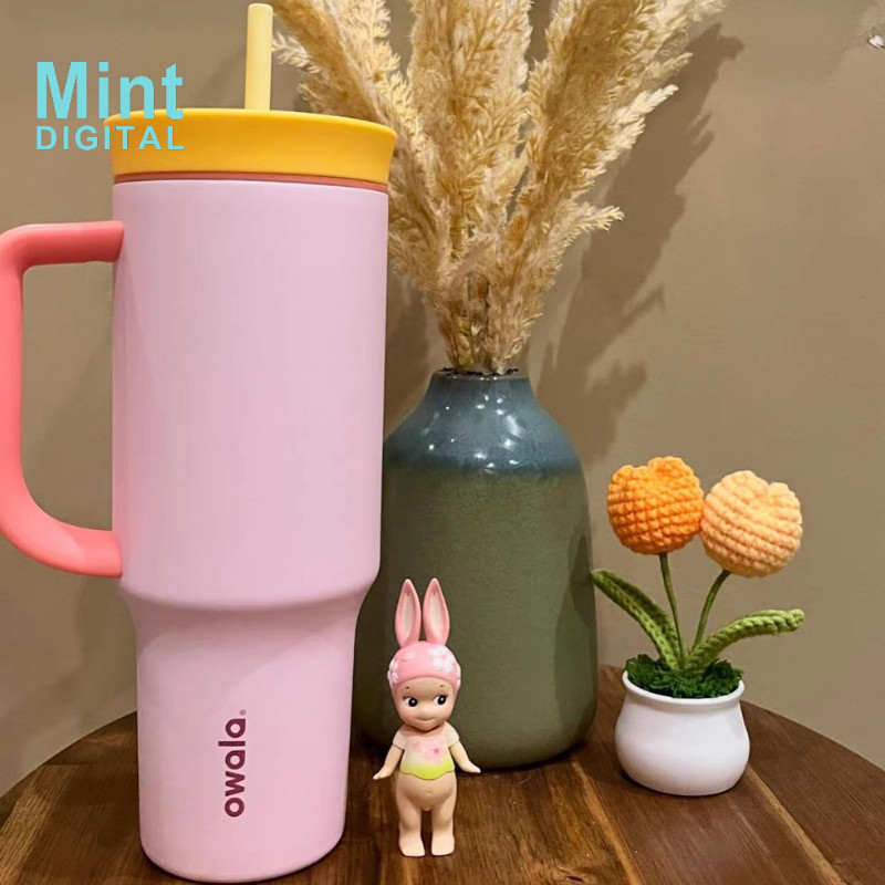 Owala Tumbler 40oz Kẹo Hồng giữ nhiệt inox 3 lớp, nắp chống tràn, ống hút, tay cầm, không BPA