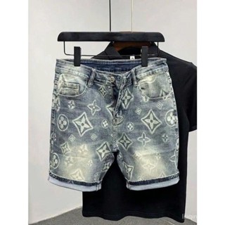 Quần short jean nam phối in họa tiết, thời trang nam mùa hè, jean nam xanh bụi phong cách boy phố trẻ trung hiện đại